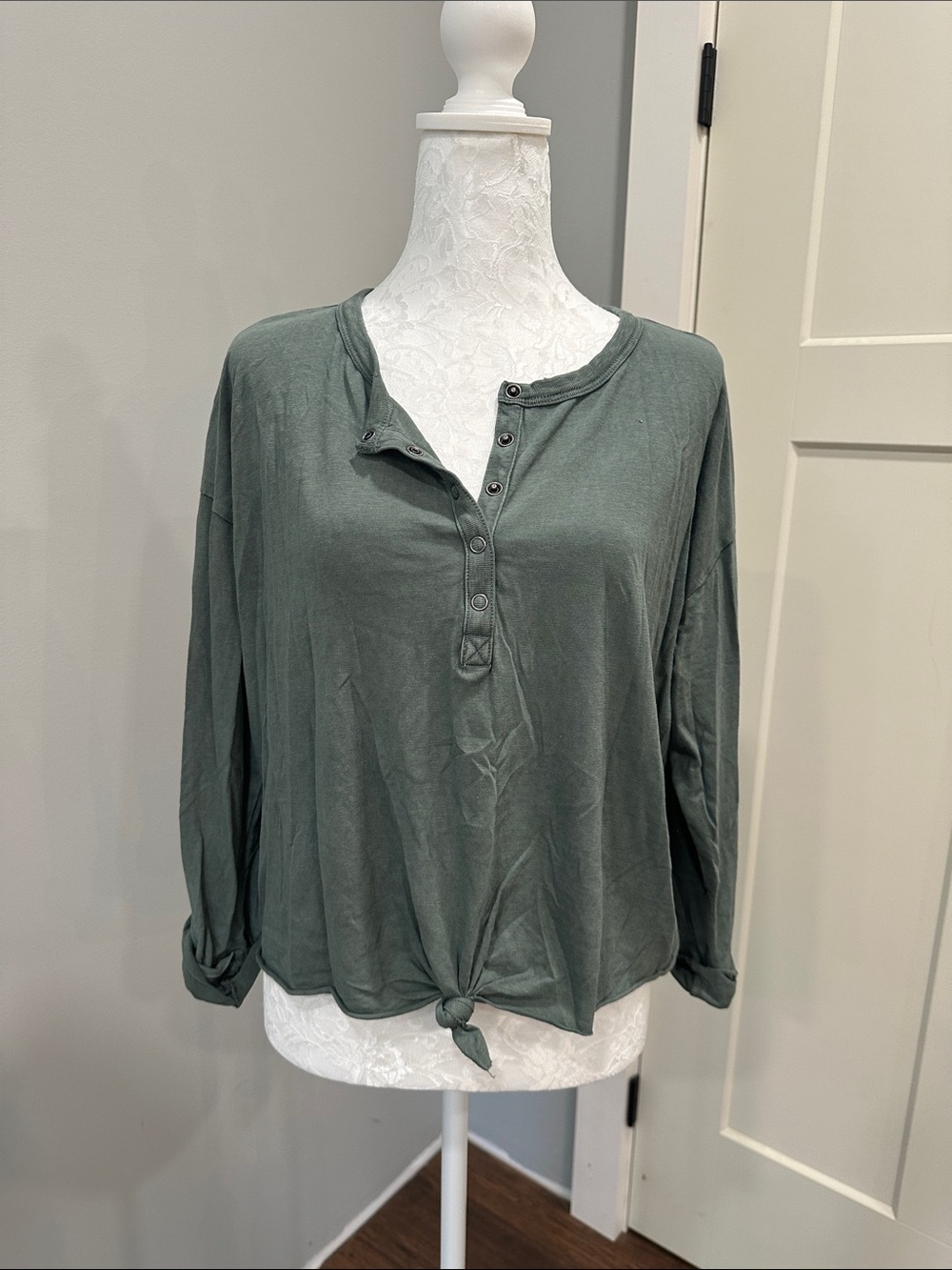 aerie Olive Green Long-Sleeve Henley with Front Tie